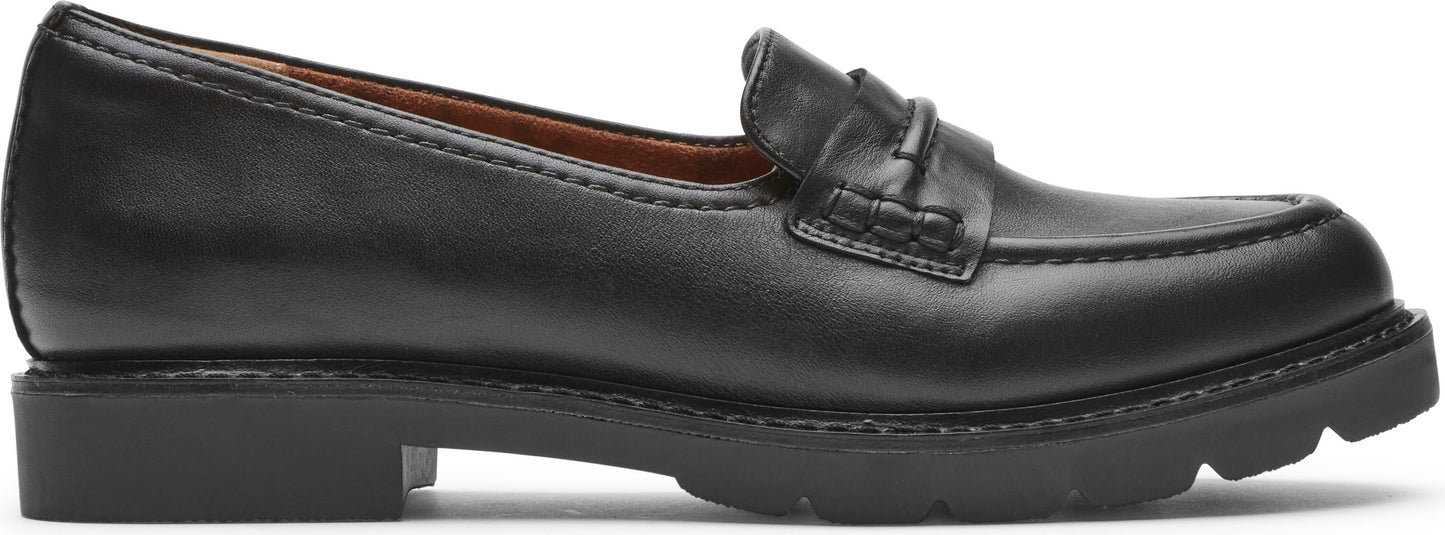 A black leather penny loafer with a lug sole.