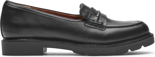 A black leather penny loafer with a lug sole.