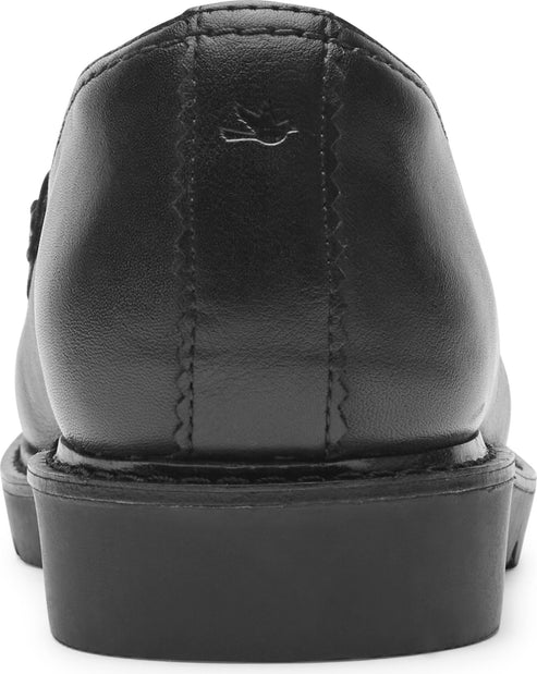 Back view of a black leather loafer with a small bird emblem near the top.