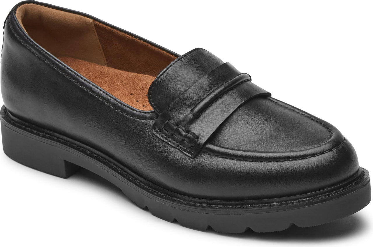Black leather penny loafer with lug sole.