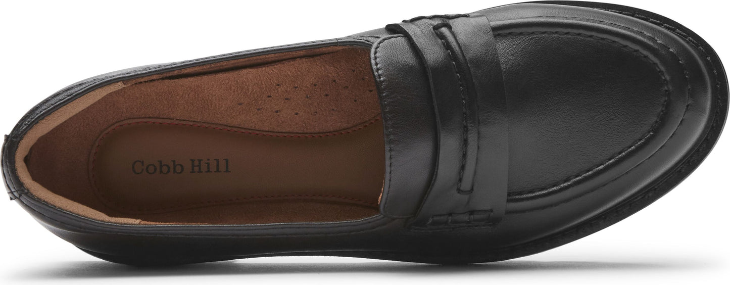 Black leather loafer with a flat sole.