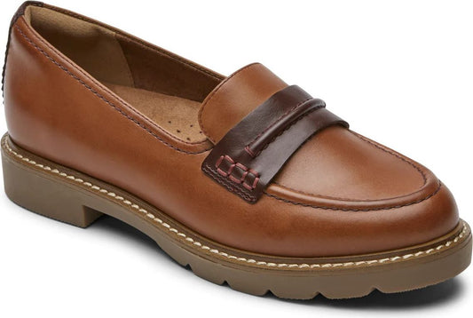 Penny loafer with brown strap and lug sole.
