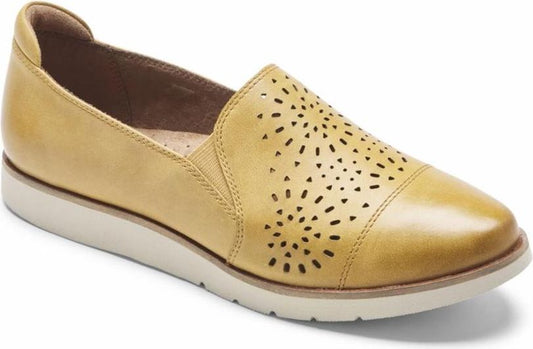 Yellow leather slip-on shoe with laser-cut floral details on the toe.