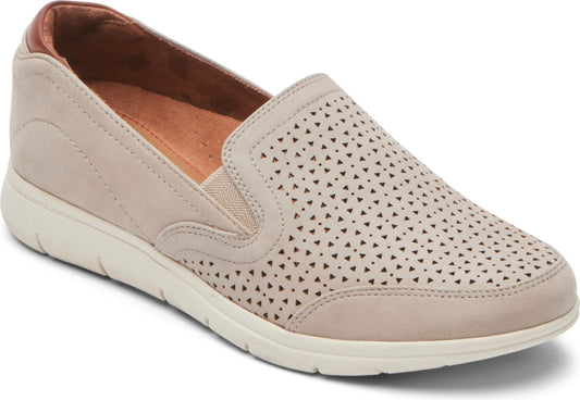 Beige leather slip-on shoe with a perforated upper and a white sole.