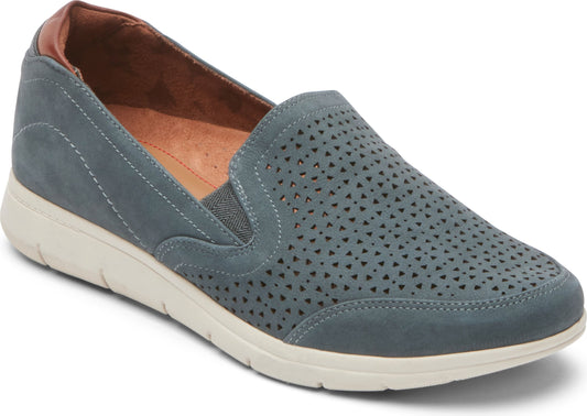 Slip-on shoe with blue perforated upper, white sole, and brown heel accent.