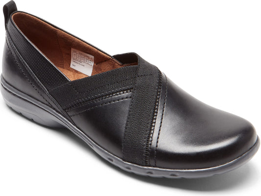 Black leather slip-on shoe with criss-cross elastic straps.