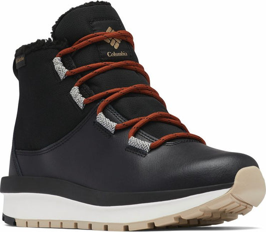 Ankle-high black waterproof boot with tan laces and a chunky white and black sole.
