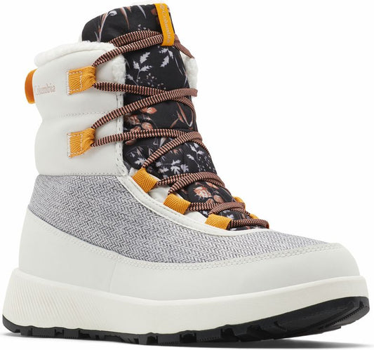 Women's off-white and floral winter boot with brown laces.