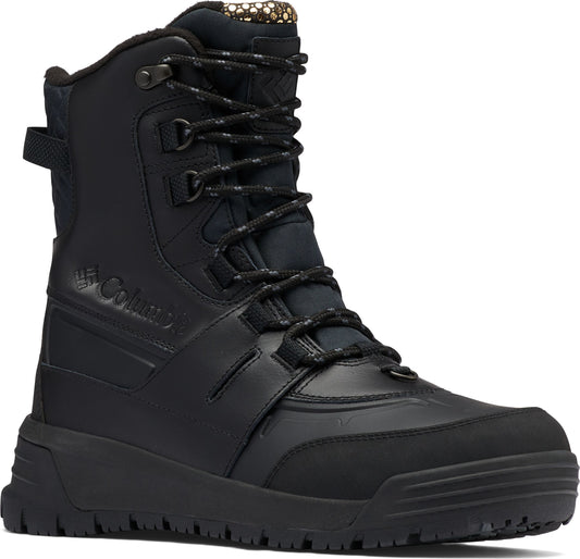 A black boot with laces and a treaded sole.