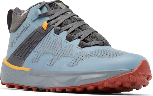 Light blue hiking shoe with gray laces and red sole; "Columbia" branding visible on side.