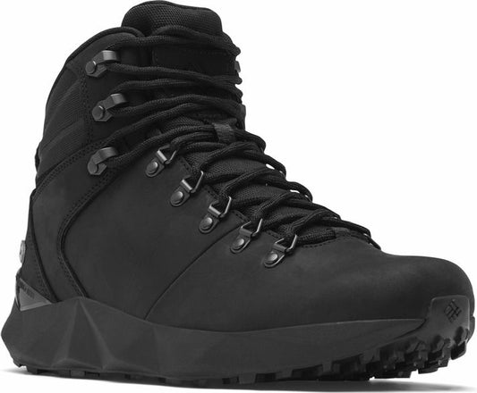 Black hiking boot with black laces and metal hardware.