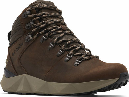 Dark brown hiking boot with high ankle support and intricate lace design.