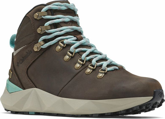 Brown high top boot with light blue laces and sole.