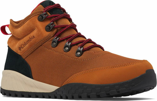 Mid-cut boot with tan canvas, tan suede, red laces, black heel, and cream midsole.