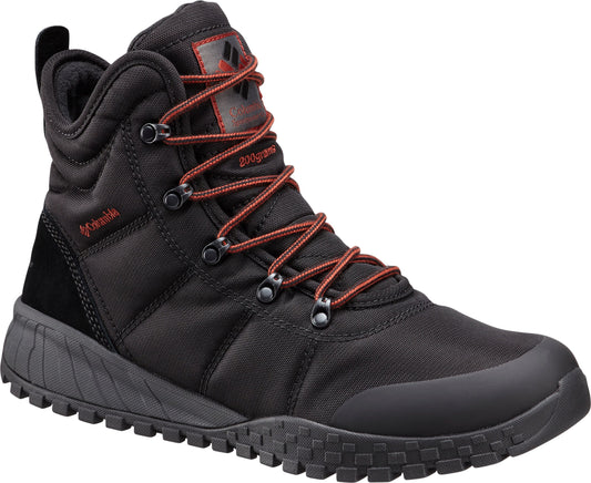 Black high-top boot with red laces and dark sole.