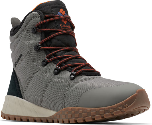 A gray high-top boot with brown laces, and a thick brown treaded sole.