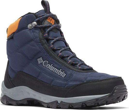 A navy-blue quilted boot with black base and grey sole, featuring the word "Columbia" in gray on the side and orange lining.