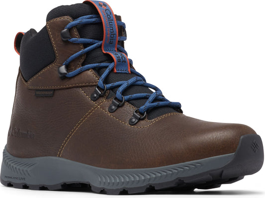 A brown, mid-height, waterproof hiking boot with blue laces and a gray sole.
