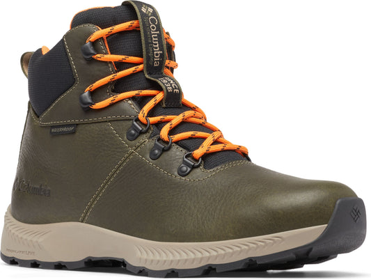 Olive-green hiking boot with orange laces, black padded collar, tan sole and text "Columbia SINCE 1938" on tongue.