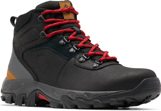 Black hiking boot with red laces, metal eyelets, and a rugged sole.