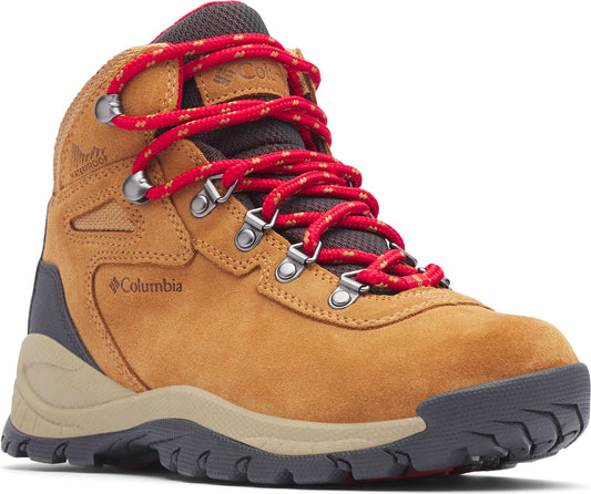 Tan suede hiking boot with red laces, brown padded interior, and Columbia logo.