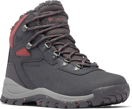 Charcoal-colored waterproof hiking boot with gray sole and pinkish-red accents.