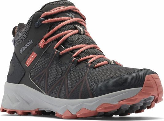 Hiking boot in dark gray, with gray sole, salmon-colored laces and accents.