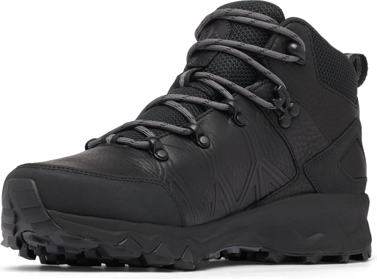 Black hiking boot with gray laces.