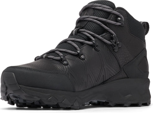 Black hiking boot with gray laces.