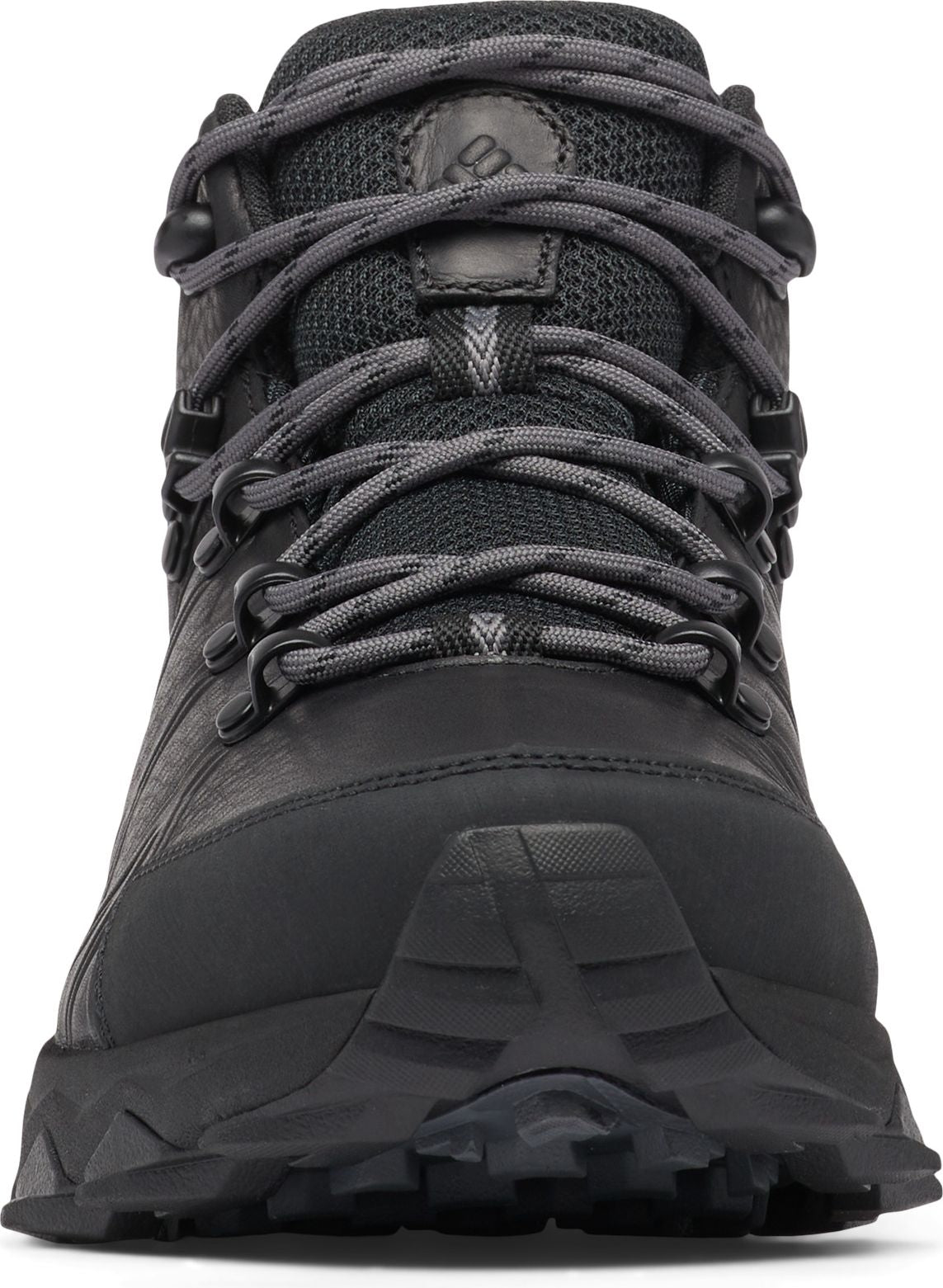 Black hiking boot with gray laces and visible sole.