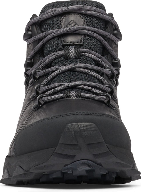 Black hiking boot with gray laces and visible sole.