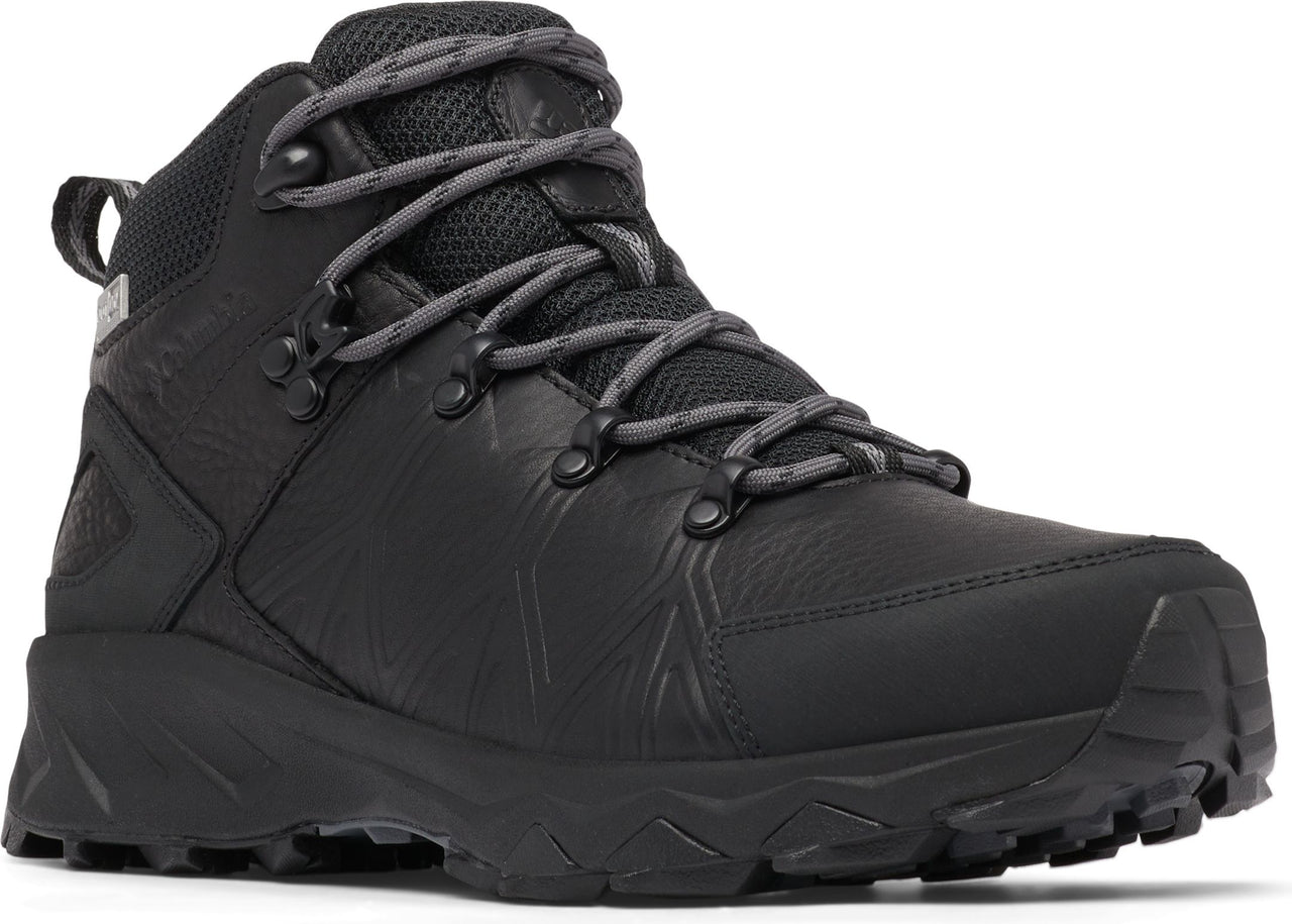 Black hiking boot with gray laces, black sole, and high ankle support.