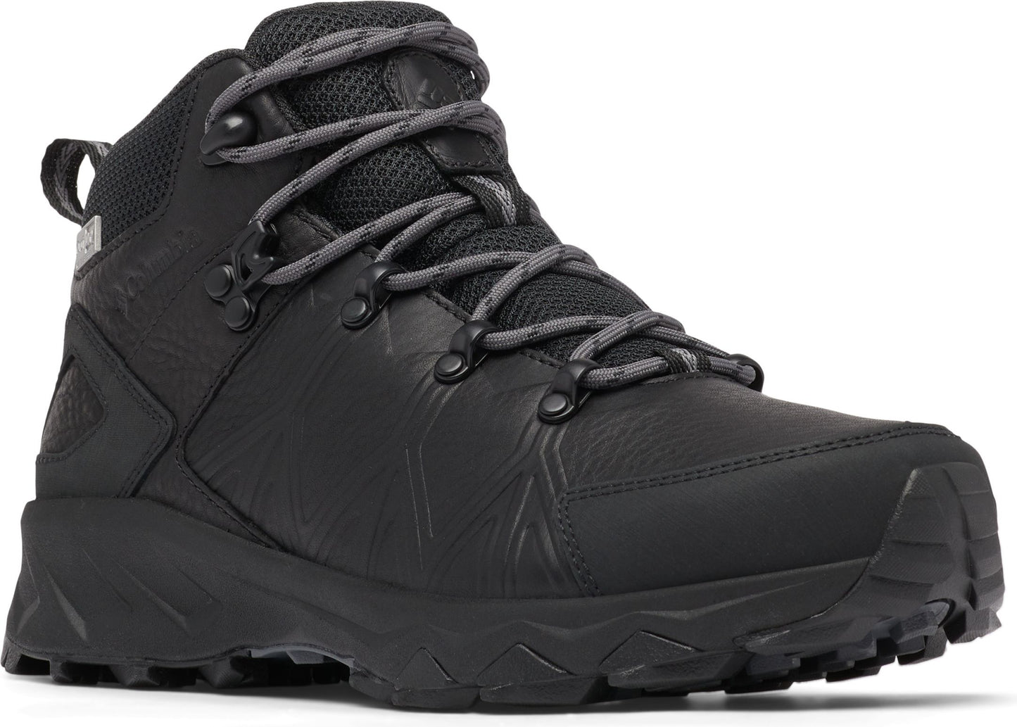 Black hiking boot with gray laces, black sole, and high ankle support.