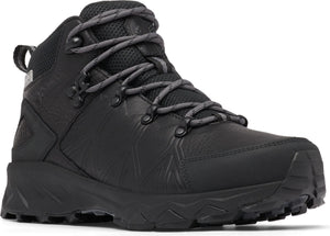 Black hiking boot with gray laces, black sole, and high ankle support.
