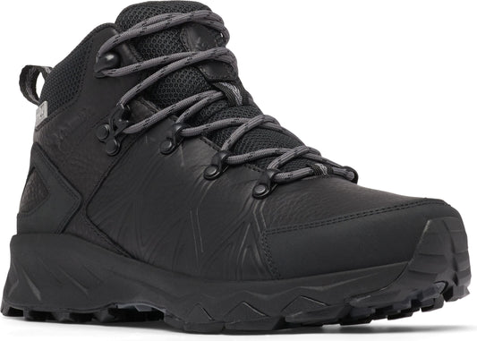 Black hiking boot with gray laces, black sole, and high ankle support.