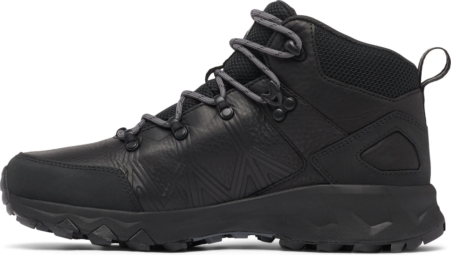 Black leather hiking boot with gray laces and rubber sole.