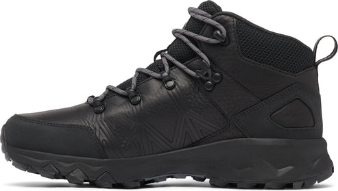 Black leather hiking boot with gray laces and rubber sole.