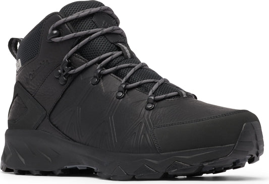 Black hiking boot with gray laces and high ankle support.