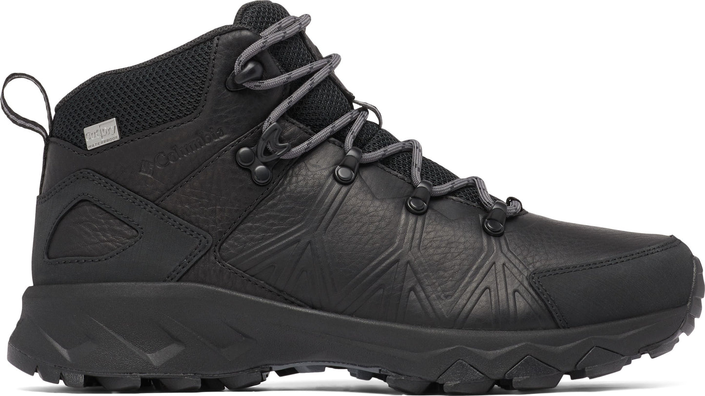 A black, mid-height hiking boot with gray laces and a rugged sole.