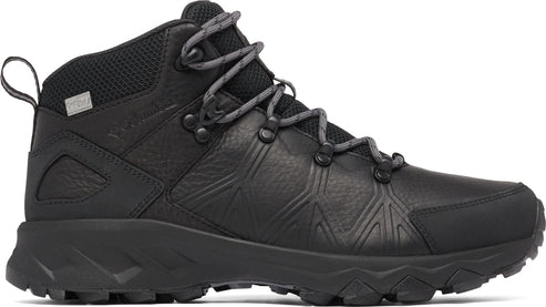 A black, mid-height hiking boot with gray laces and a rugged sole.