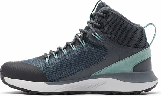 Charcoal and turquoise hiking boot with a high ankle, dark laces, and a white sole.