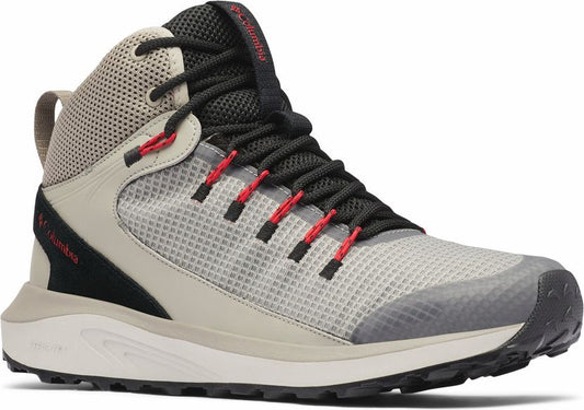 High-top hiking boot with gray mesh, tan accents, black laces, and a white sole.