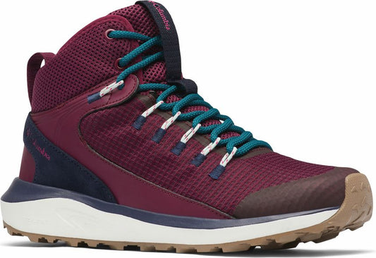 High top burgundy hiking shoe with teal laces, white sole, and brown rubber outsole.