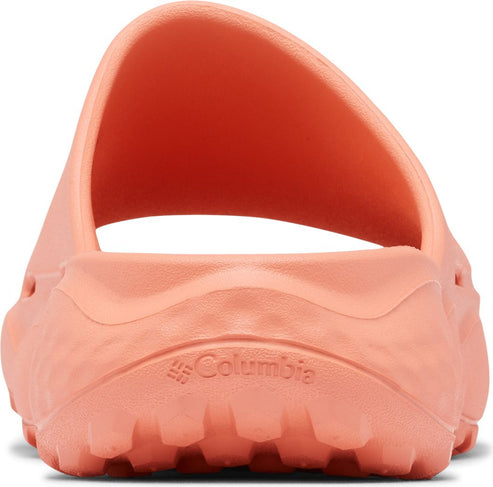 Coral sandal from behind showing the texture, tread, and Columbia logo.
