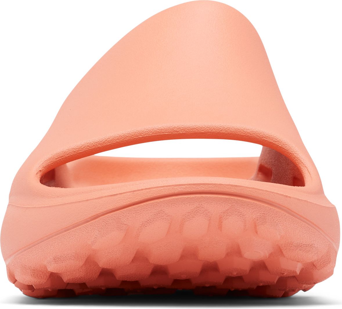 Salmon-colored slide with a thick sole and upper band, featuring a textured outsole.
