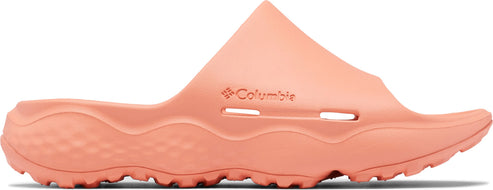 Peach colored slide sandal with thick sole and Columbia logo.
