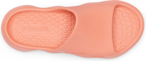 Orange sandal with patterned sole.