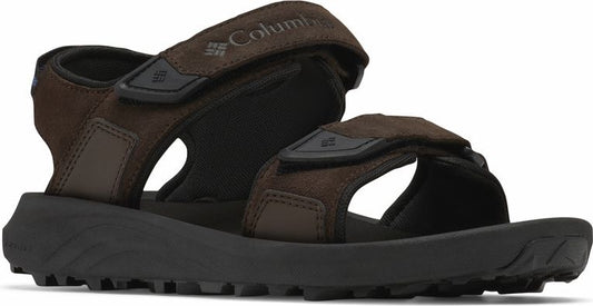 Brown sandal with a textured black sole and Columbia branding on the strap.