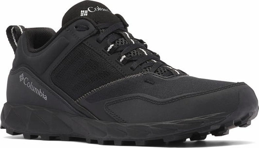 Black hiking shoe with logo on side and tongue.