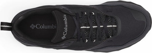Black shoe with white laces and Columbia logo.